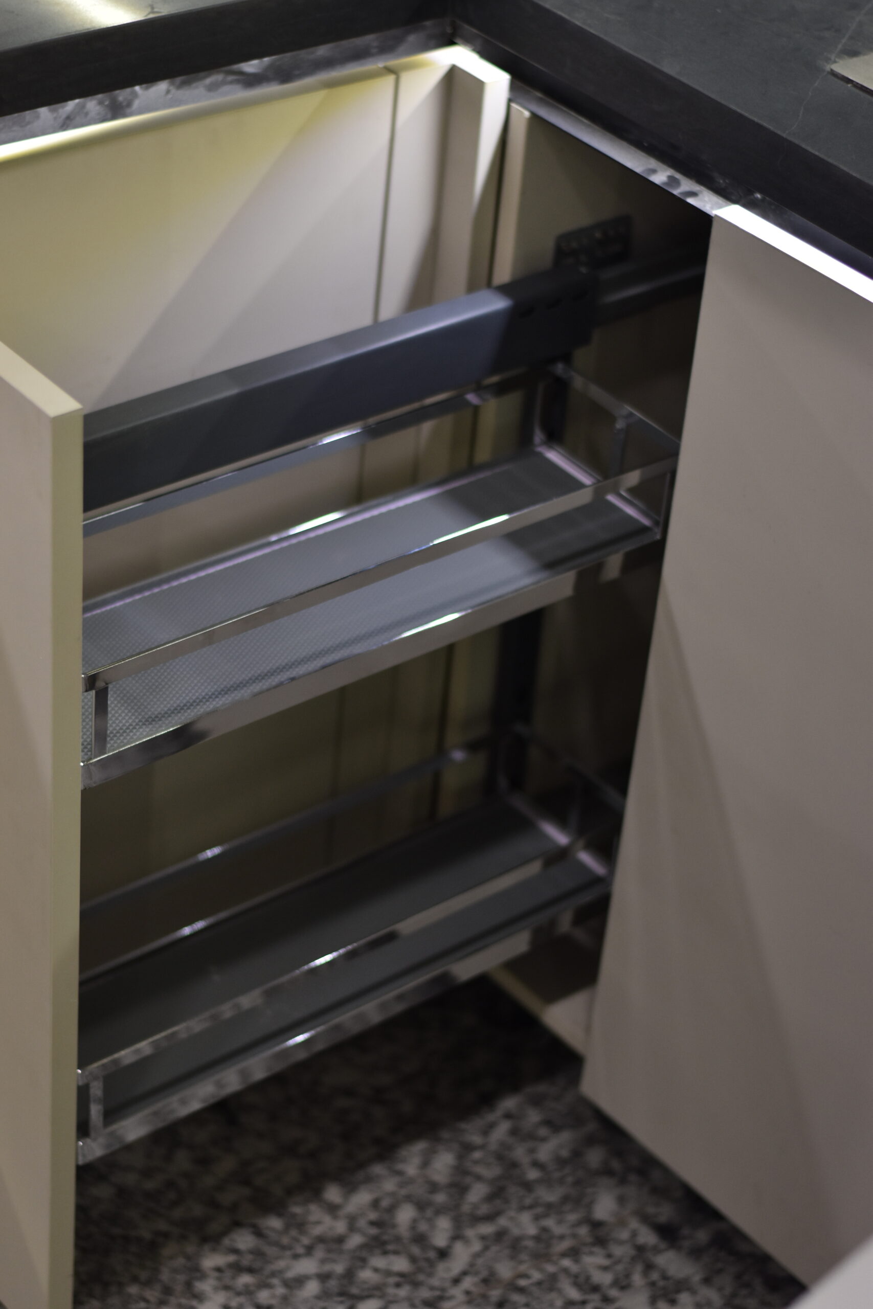 Glass BPO Side Mounted Bottle Pullout – Sleek & Modern Storage for Your Kitchen